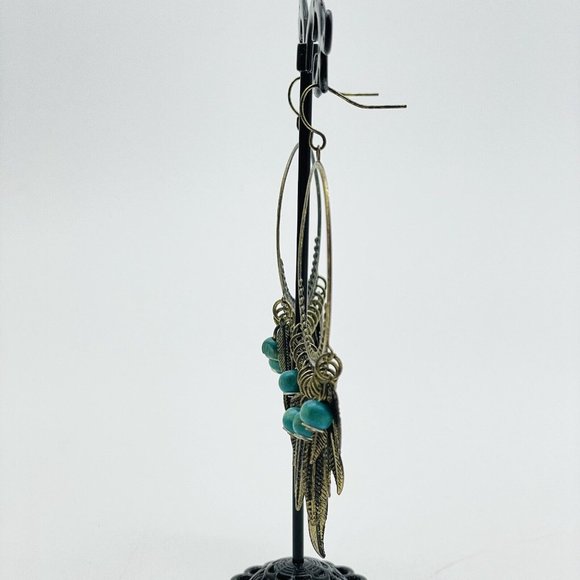 Feather Drop Hoop Earrings Pierced Gold Tone Faux Turquoise Beads Ethnic Native - Picture 6 of 8